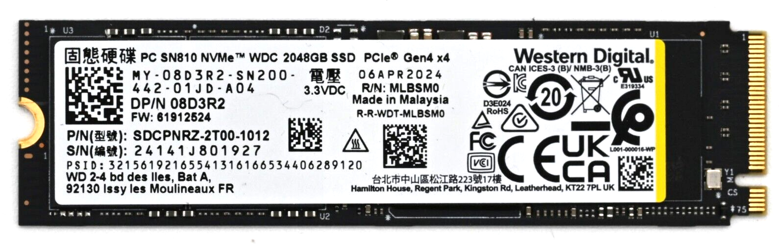 Western Digital 2TB PC SN810 PCIe 4.0x4 M.2 2280 PCIe NVMe SSD Dell 8D3R2 Main Image