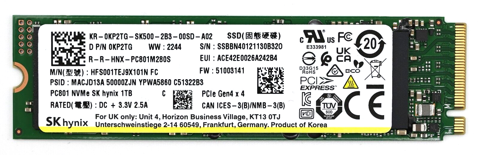 SK Hynix 1TB PC801 M.2 NVMe PCIe Gen4x4 2280 SSD HFS001TEJ9X101N Dell KP2TG Main Image